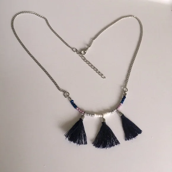 Navy Blue Tassel Beaded Necklace - Picture 2 of 7